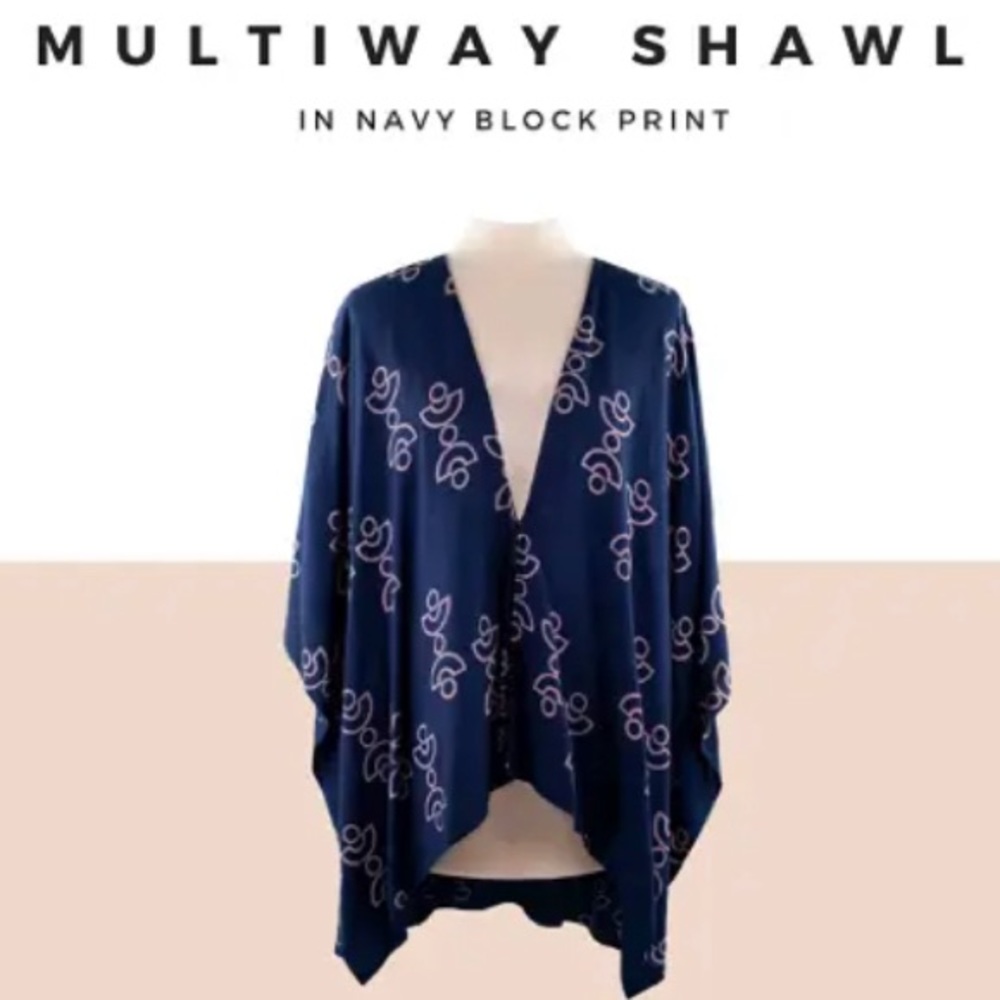 NWT Sseko Multiway Shawl in Navy Block Print
